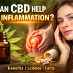 CBD oil dropper with cannabis leaf showing relief for face inflammation and joint pain, including redness and swelling on skin and knee