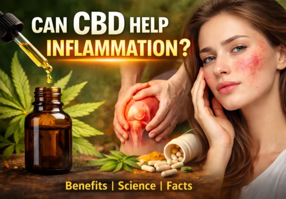 CBD oil dropper with cannabis leaf showing relief for face inflammation and joint pain, including redness and swelling on skin and knee