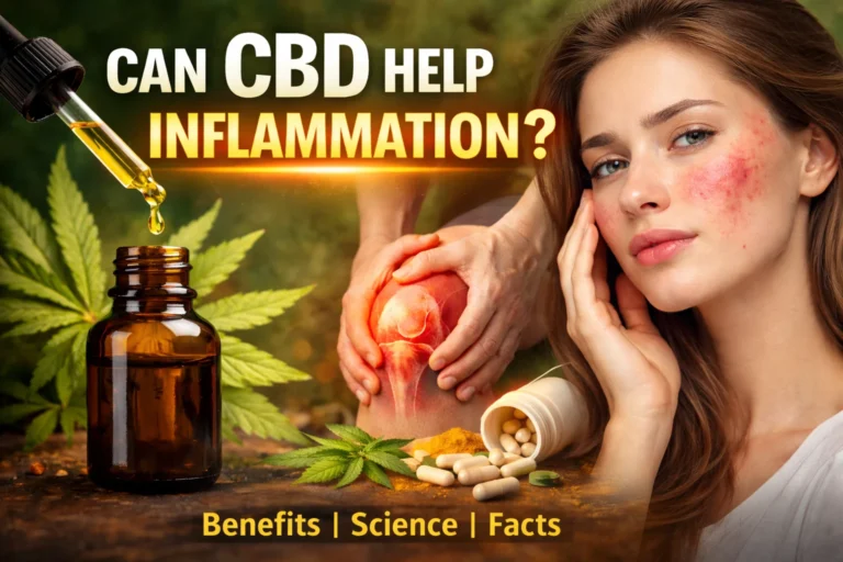 CBD oil dropper with cannabis leaf showing relief for face inflammation and joint pain, including redness and swelling on skin and knee