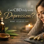 CBD oil for depression with calm mood setting, featuring dropper, capsules, and thoughtful woman in a warm, emotional wellness scene