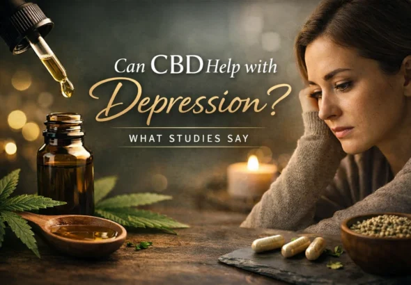 CBD oil for depression with calm mood setting, featuring dropper, capsules, and thoughtful woman in a warm, emotional wellness scene
