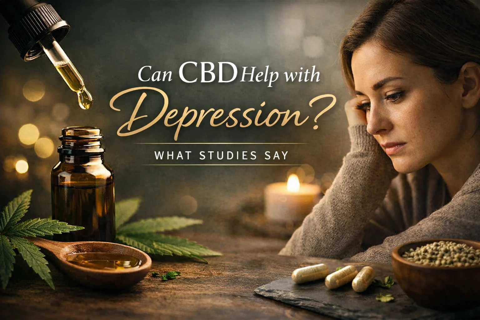 CBD oil for depression with calm mood setting, featuring dropper, capsules, and thoughtful woman in a warm, emotional wellness scene