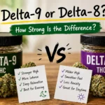 Side-by-side comparison of Delta-9 and Delta-8 THC jars on a table showing stronger vs milder effects, potency differences, and user experience notes