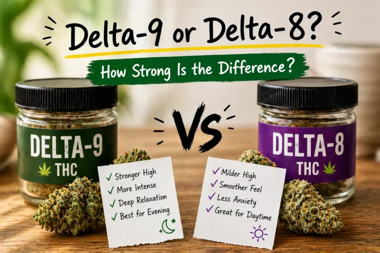 Side-by-side comparison of Delta-9 and Delta-8 THC jars on a table showing stronger vs milder effects, potency differences, and user experience notes