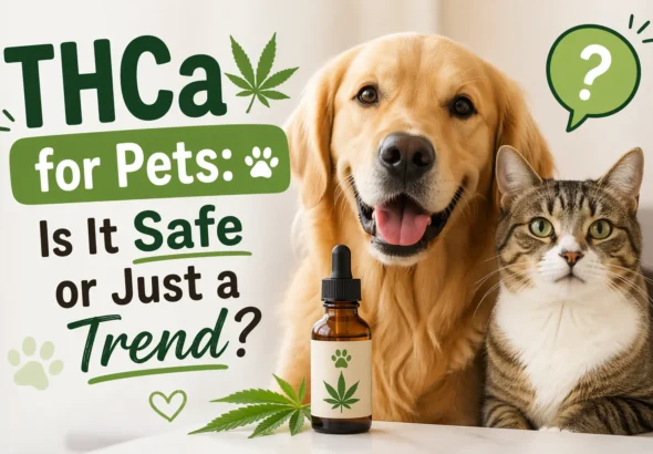 Cute dog and cat sitting beside a CBD/THCa oil bottle with hemp leaves, illustrating pet wellness and safety concerns about THCa products