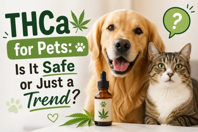 Cute dog and cat sitting beside a CBD/THCa oil bottle with hemp leaves, illustrating pet wellness and safety concerns about THCa products