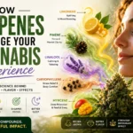 Woman smelling cannabis flower with colorful terpene visuals showing effects like relaxation, focus, and mood boost