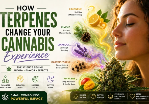 Woman smelling cannabis flower with colorful terpene visuals showing effects like relaxation, focus, and mood boost