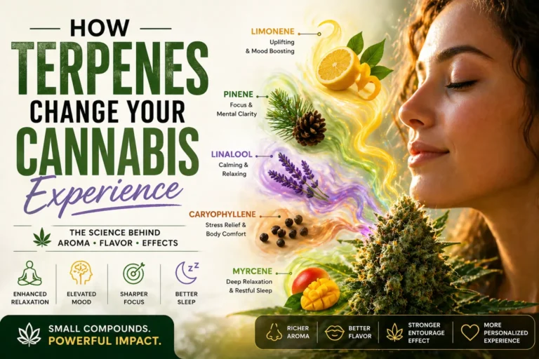 Woman smelling cannabis flower with colorful terpene visuals showing effects like relaxation, focus, and mood boost
