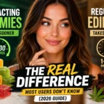 Smiling woman holding THC gummy vs woman enjoying brownie edible showing fast-acting vs regular edibles comparison with onset times and effects