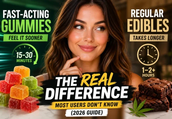 Smiling woman holding THC gummy vs woman enjoying brownie edible showing fast-acting vs regular edibles comparison with onset times and effects