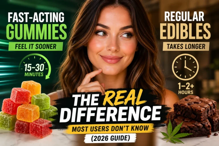 Smiling woman holding THC gummy vs woman enjoying brownie edible showing fast-acting vs regular edibles comparison with onset times and effects
