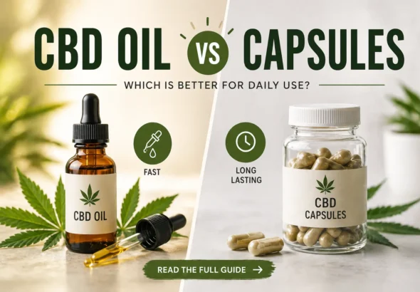 CBD oil vs capsules comparison showing dropper bottle and capsules jar for daily use benefits