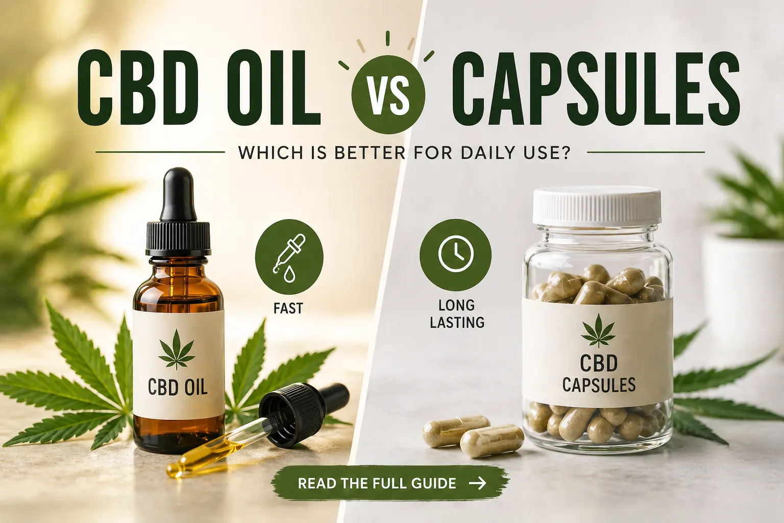 CBD oil vs capsules comparison showing dropper bottle and capsules jar for daily use benefits