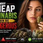 Woman comparing cheap vs premium cannabis buds with warning symbols highlighting risks of low-quality weed and importance of lab-tested safe cannabis products