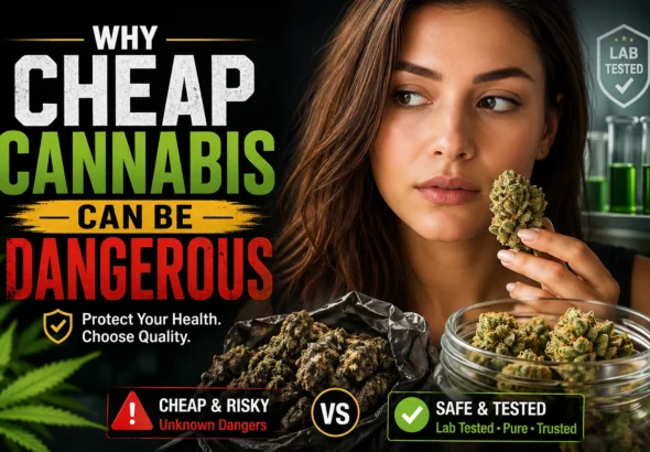Woman comparing cheap vs premium cannabis buds with warning symbols highlighting risks of low-quality weed and importance of lab-tested safe cannabis products