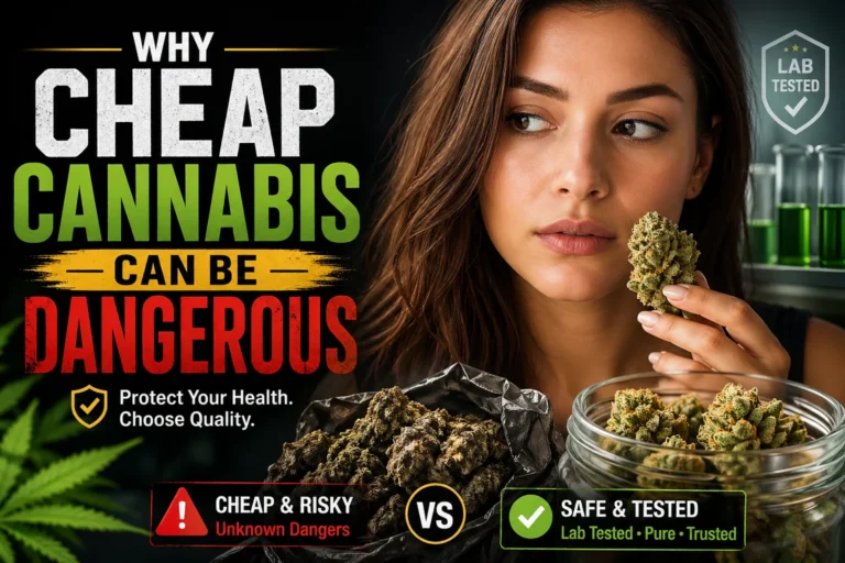 Woman comparing cheap vs premium cannabis buds with warning symbols highlighting risks of low-quality weed and importance of lab-tested safe cannabis products