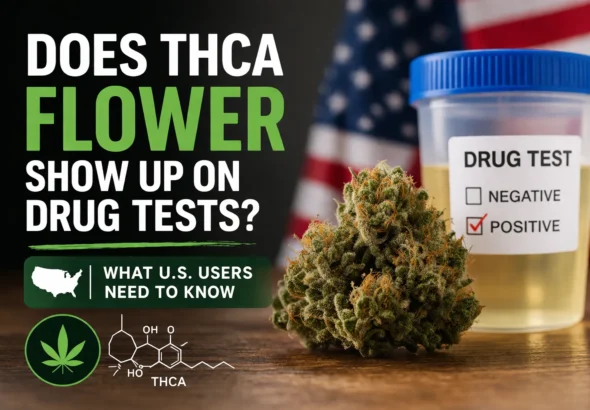 THCA flower and drug test concept showing cannabis buds with test tube and positive THC result indicator, illustrating risk of failing a drug test in the U.S.