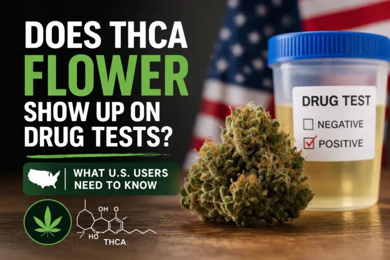 THCA flower and drug test concept showing cannabis buds with test tube and positive THC result indicator, illustrating risk of failing a drug test in the U.S.