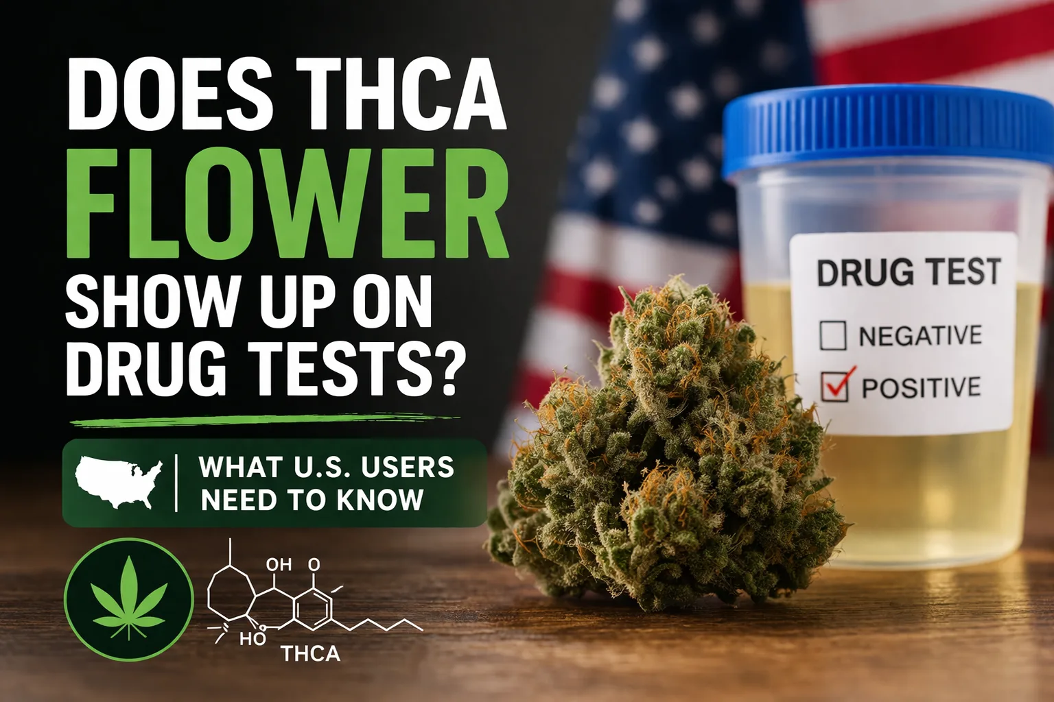 THCA flower and drug test concept showing cannabis buds with test tube and positive THC result indicator, illustrating risk of failing a drug test in the U.S.