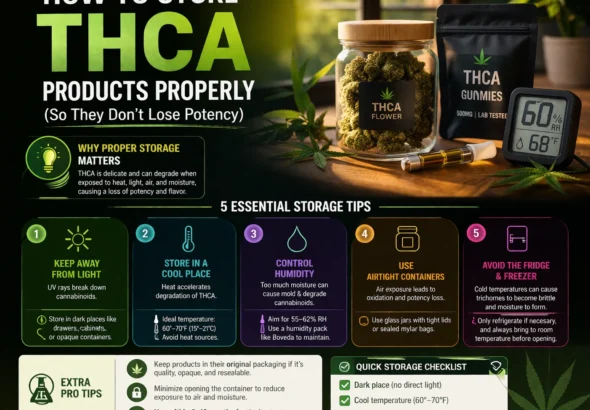 Infographic showing how to store THCA products properly to prevent potency loss