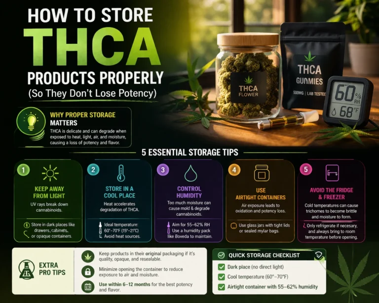 Infographic showing how to store THCA products properly to prevent potency loss