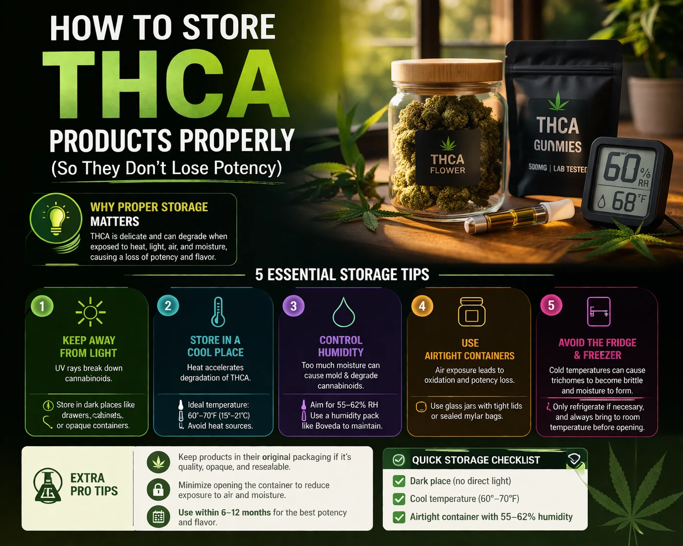 Infographic showing how to store THCA products properly to prevent potency loss