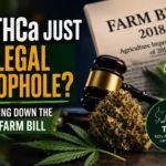 THCa legal loophole concept with cannabis bud, judge gavel, and 2018 Farm Bill document highlighting hemp law and THC limits