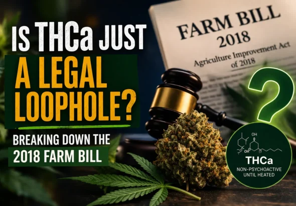 THCa legal loophole concept with cannabis bud, judge gavel, and 2018 Farm Bill document highlighting hemp law and THC limits
