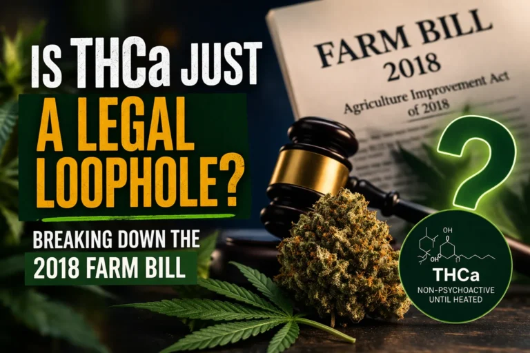 THCa legal loophole concept with cannabis bud, judge gavel, and 2018 Farm Bill document highlighting hemp law and THC limits