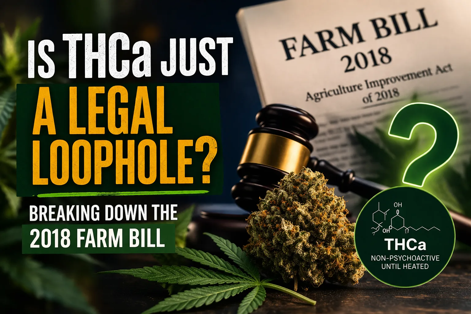 THCa legal loophole concept with cannabis bud, judge gavel, and 2018 Farm Bill document highlighting hemp law and THC limits