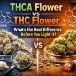 Side-by-side comparison of THCA flower and THC flower with cannabis buds, molecular structures, and a lit joint highlighting the difference before heating or smoking