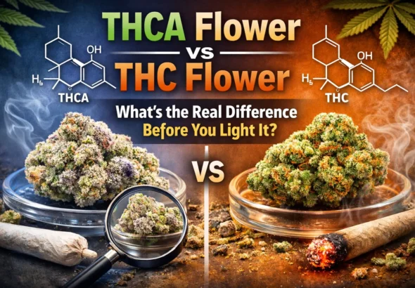 Side-by-side comparison of THCA flower and THC flower with cannabis buds, molecular structures, and a lit joint highlighting the difference before heating or smoking