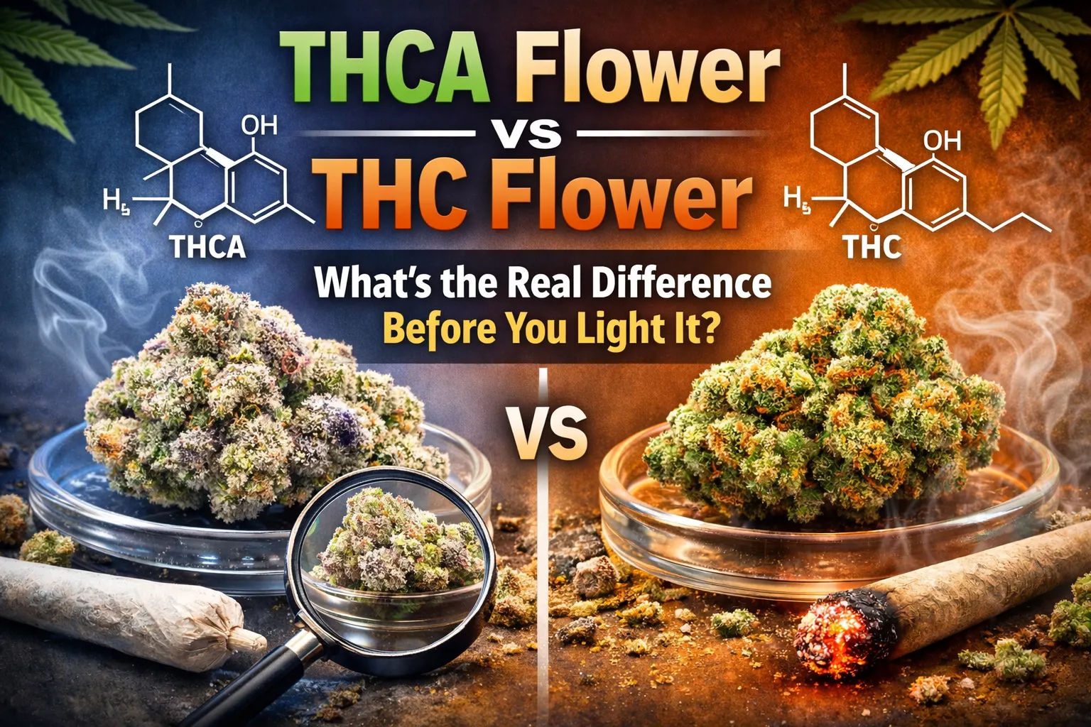 Side-by-side comparison of THCA flower and THC flower with cannabis buds, molecular structures, and a lit joint highlighting the difference before heating or smoking