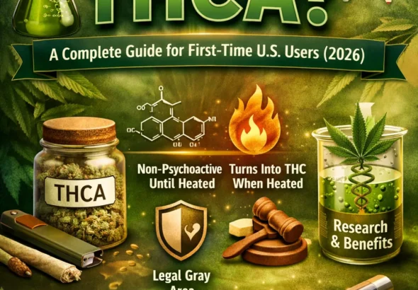 Infographic explaining what THCA is, how it converts to THC when heated, effects, legality, and types of THCA products like flower, vapes, and capsules (2026 guide)