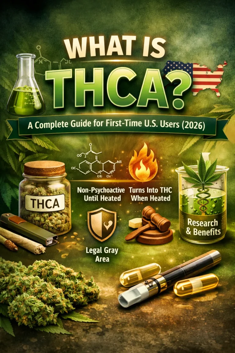 Infographic explaining what THCA is, how it converts to THC when heated, effects, legality, and types of THCA products like flower, vapes, and capsules (2026 guide)