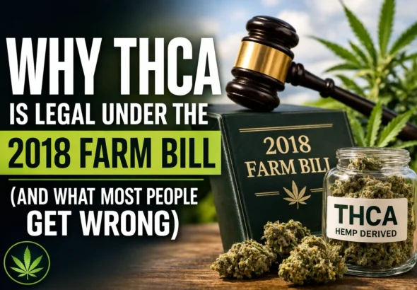THCA legality under 2018 Farm Bill concept showing hemp buds, labeled THCA jar, judge gavel, and law book representing cannabis laws and regulations