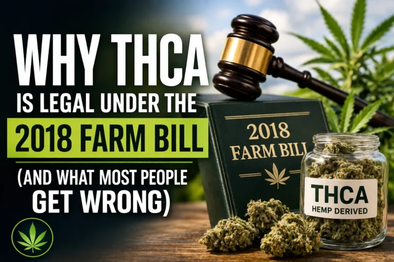 THCA legality under 2018 Farm Bill concept showing hemp buds, labeled THCA jar, judge gavel, and law book representing cannabis laws and regulations