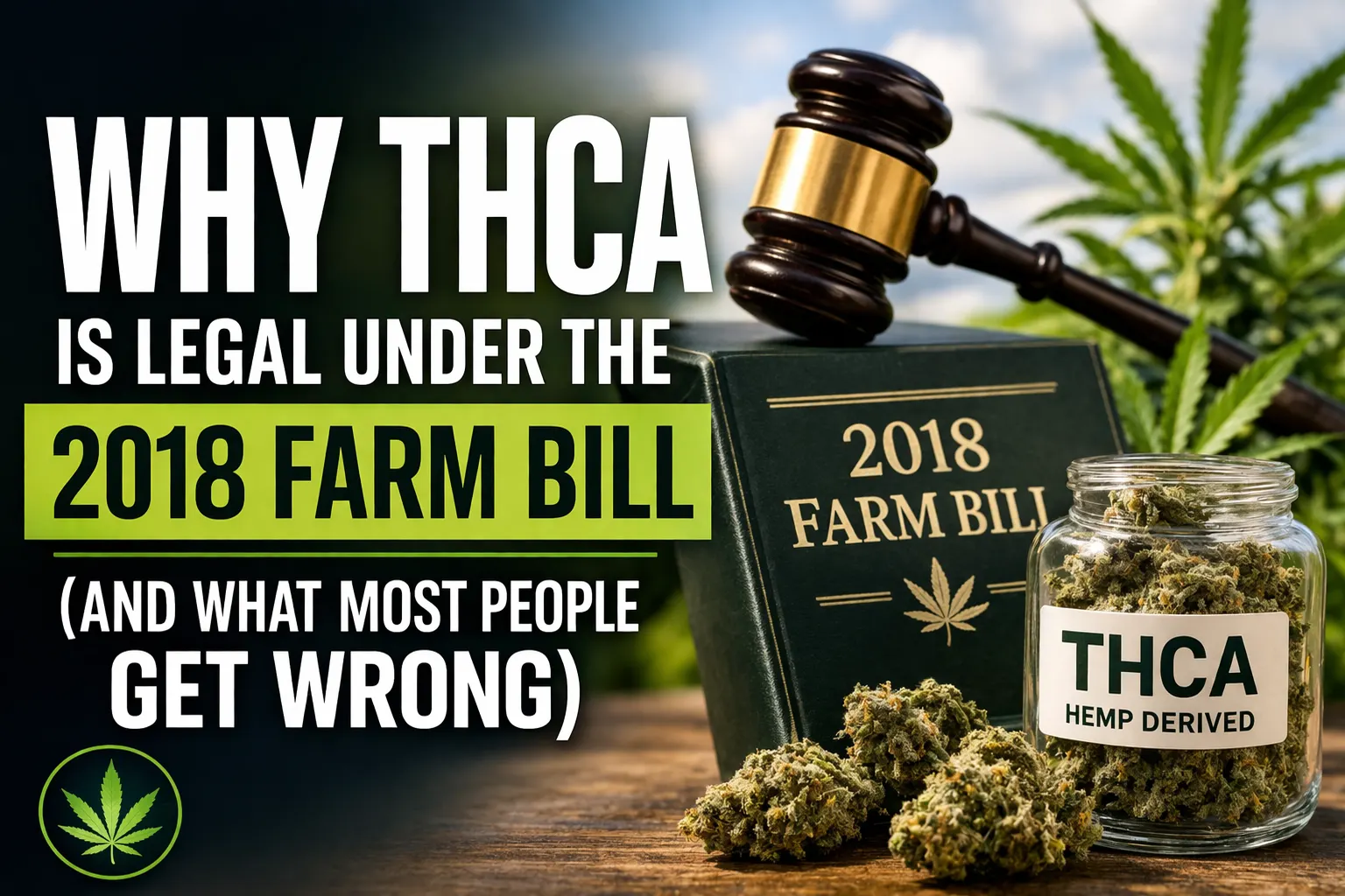 THCA legality under 2018 Farm Bill concept showing hemp buds, labeled THCA jar, judge gavel, and law book representing cannabis laws and regulations