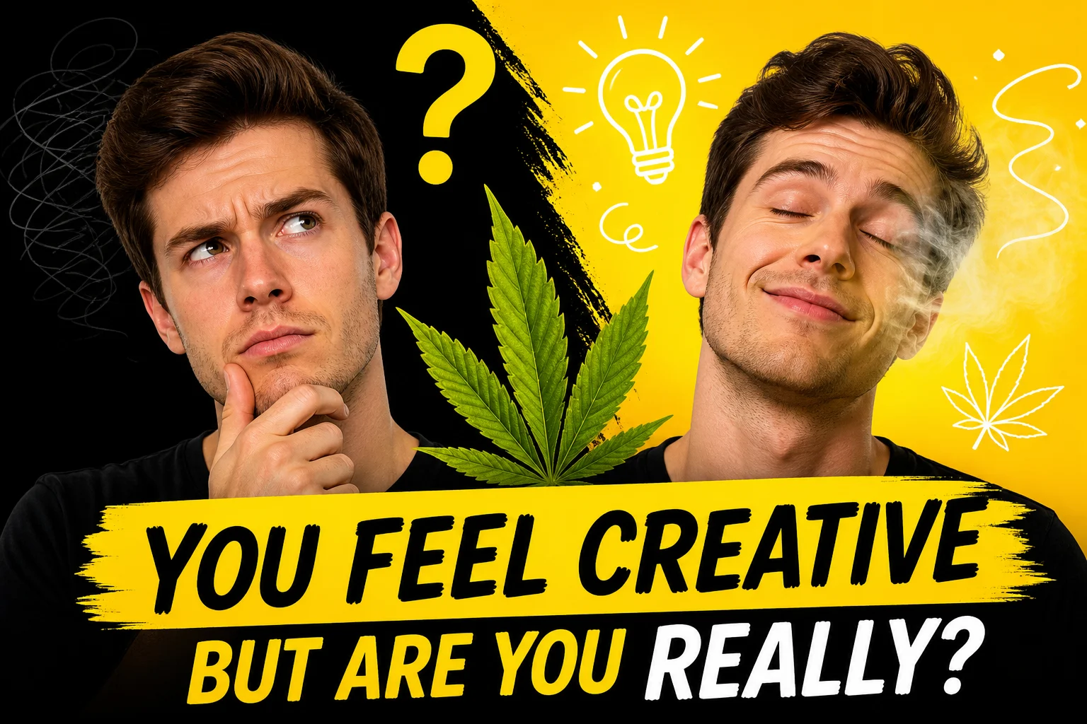 Split face showing confused vs relaxed man with cannabis leaf, questioning if cannabis really boosts creativity