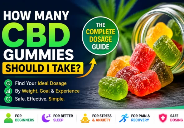 Colorful featured image showing CBD gummies spilling from a jar with bold text asking how many CBD gummies should you take and dosage guide highlights for sleep, stress, pain, and beginners.