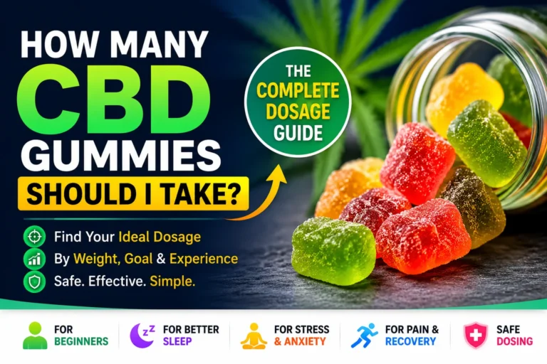 Colorful featured image showing CBD gummies spilling from a jar with bold text asking how many CBD gummies should you take and dosage guide highlights for sleep, stress, pain, and beginners.