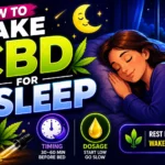 Cartoon-style featured image showing a person peacefully sleeping with CBD gummies, CBD oil, moon, stars, and glowing nighttime effects representing CBD sleep timing and dosage.