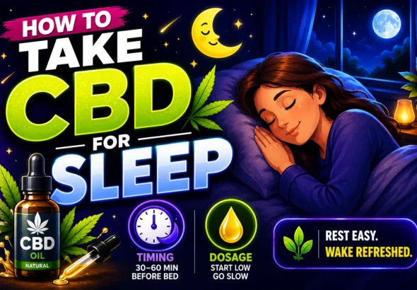 Cartoon-style featured image showing a person peacefully sleeping with CBD gummies, CBD oil, moon, stars, and glowing nighttime effects representing CBD sleep timing and dosage.