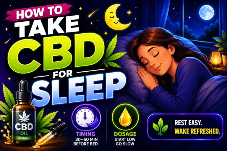 Cartoon-style featured image showing a person peacefully sleeping with CBD gummies, CBD oil, moon, stars, and glowing nighttime effects representing CBD sleep timing and dosage.