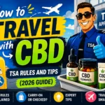 Bright high-contrast cartoon style featured image showing a TSA officer, CBD oil and gummies, airport travel scene, and bold text about TSA CBD travel rules for 2026 guide.