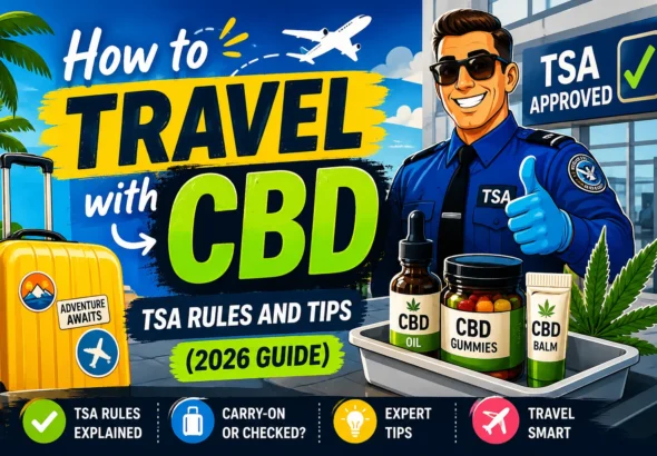 Bright high-contrast cartoon style featured image showing a TSA officer, CBD oil and gummies, airport travel scene, and bold text about TSA CBD travel rules for 2026 guide.