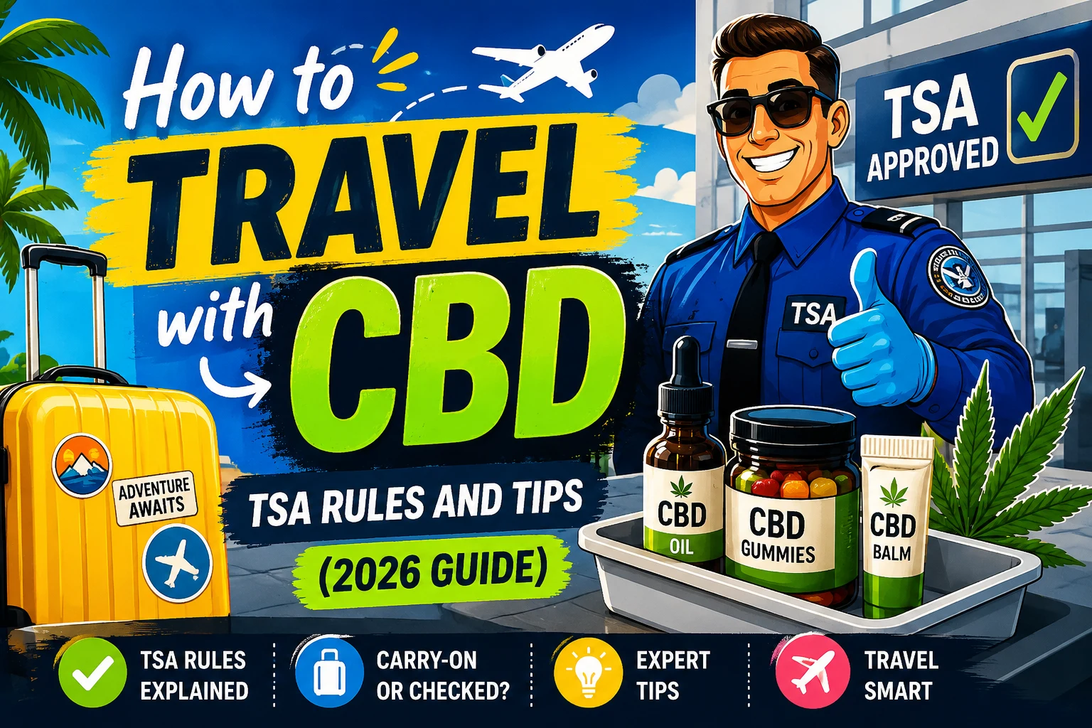 Bright high-contrast cartoon style featured image showing a TSA officer, CBD oil and gummies, airport travel scene, and bold text about TSA CBD travel rules for 2026 guide.