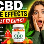 Shocked woman reacting to CBD gummies side effects with warning signs showing dry mouth, drowsiness, upset stomach, and dizziness.