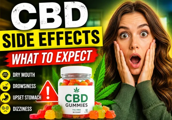 Shocked woman reacting to CBD gummies side effects with warning signs showing dry mouth, drowsiness, upset stomach, and dizziness.